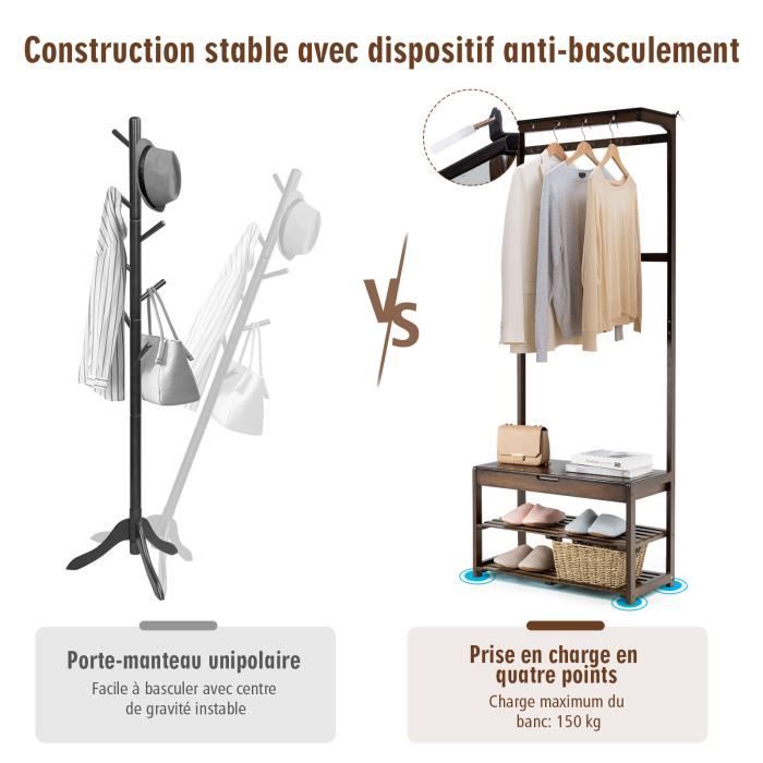 HOMASIS Porte-Manteau 5 En 1 Avec Banc - 12 Crochets, Étagère à Chaussures Et Tiroirs - Design Vintage Et Multifonction