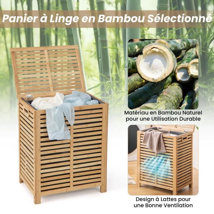 Panier à Linge en Bambou avec Sac Intérieur Amovible