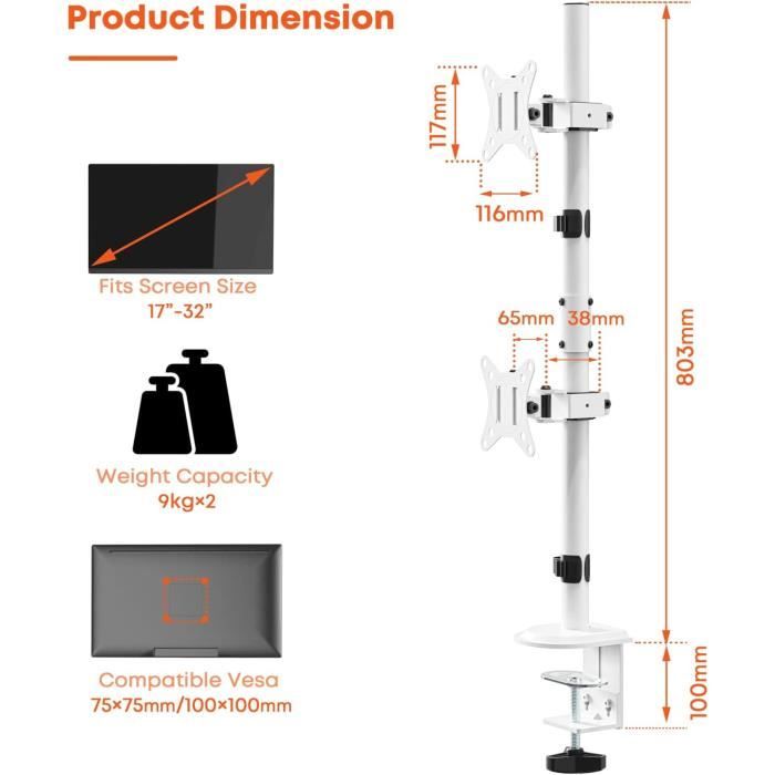 Support Double écran Vertical - Bras Pour 2 écrans 13-27" Jusqu'à 10kg Chacun - Réglable En Hauteur (70cm) - 2