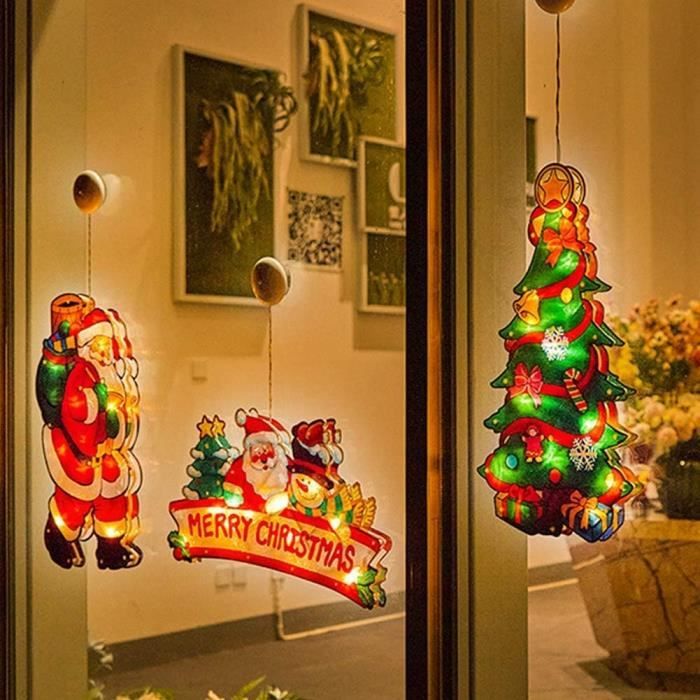 Guirlande lumineuse LED avec ventouse pour fenêtre, décoration de noël,  père noël, bonhomme de neige, Elk, vacances, féerique