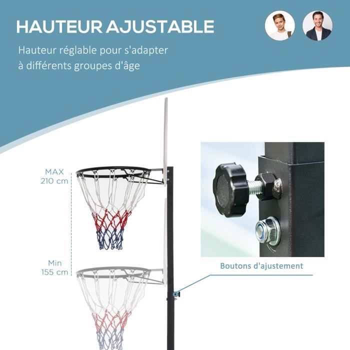 HOMCOM Panier de basketball sur pied avec roulettes hauteur réglable base  de lestage eau ou sable usage intérieur extérieur acier 81 x 133 x 160-180  cm noir