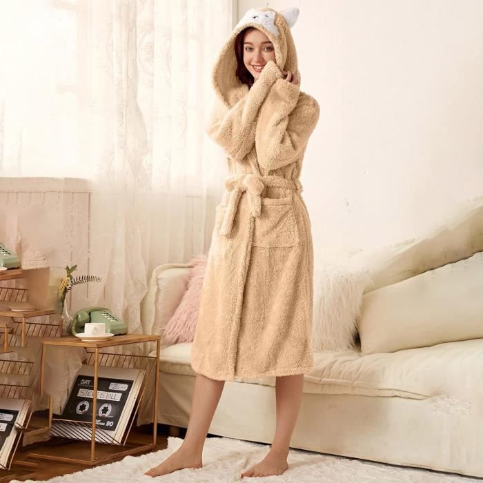 Peignoir Femme Polaire Long Avec Capuche - Chaud Et Doux Pour Maison, Automne-Hiver