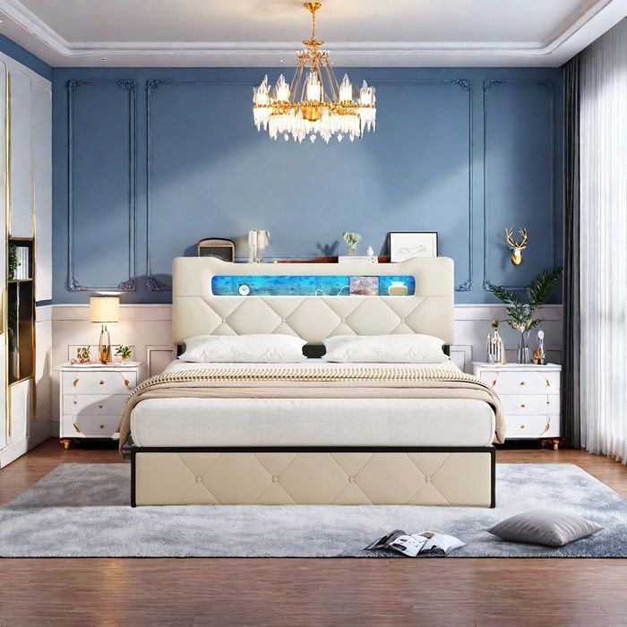 Lit 140x190 cm avec LED et 4 tiroirs, lit double avec port USB et Type C, cadre de lit adulte avec sommier à lattes, tissu en lin, 140x190 cm, beige | Leroy Merlin Lit 140x190 cm avec LED et 4 tiroirs, lit double avec port USB et Type C, cadre de lit adulte avec sommier à lattes, tissu en lin, 140x190 cm, beige | Leroy Merlin
