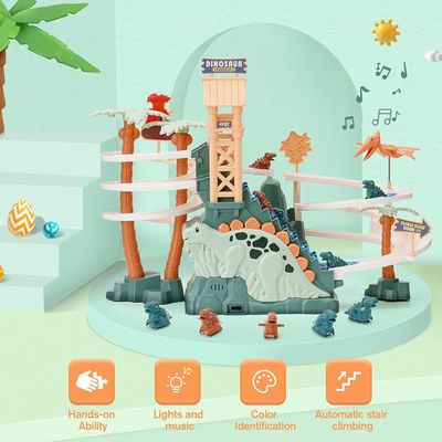 Ensemble de jeu de piste de course de dinosaure - Toboggan - Montée des escaliers - Jouet de montagnes russes avec musique - Puzzle éducatif - Cadeau pour tout-petits - Garçons et