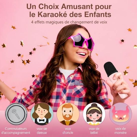 Aischens – Micro Karaoké Bluetooth Avec 2 Micros – Changeur De Voix – Lumières LED – Enfant Et Adulte – Rose