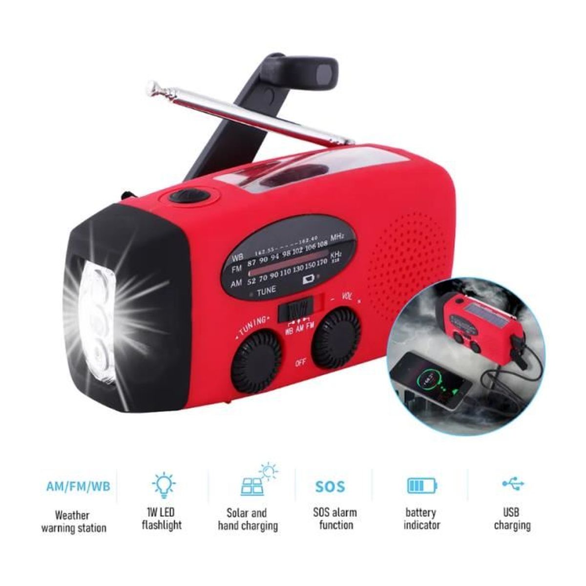 Chargeur dynamo d'urgence à manivelle 4 en 1 TechBrands avec radio et