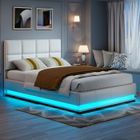 GARHELPER 140×200cm Lit Coffre Capitonné en Simili Cuir Blanc avec LED et Sommier à Lattes, Tige Pneumatique, Lit double, Lit ado