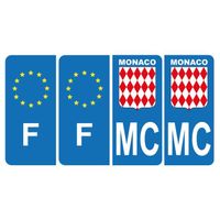 Lot de 4 Autocollants Plaque d'immatriculation Voiture MC Blason Monaco & F Europe