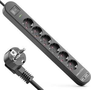 MULTIPRISE Noir 5m Multiprise 6 Compartiments avec USB 6X Prises de Contact de Protection 2X Prise de Chargement USB-A par ex. Téléphone