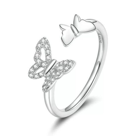 Bague En Argent Massif Avec Papillons Colorés - Taille 54, Occasion
