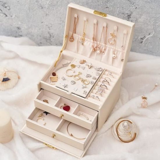 Boîte à Bijoux Blanche En Simili Cuir Avec Grilles Multiples Et Bouton - Neuf Sans Emballage