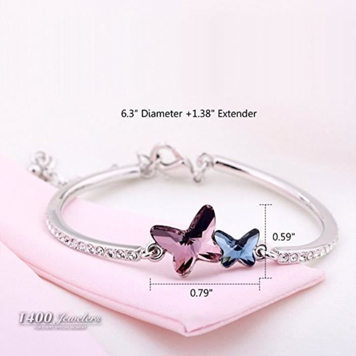 Butterfly Lovers Bracelet Femme Fabriqué avec du Cristal SWAROVSKI Elements Bracelet papillon ,Bleu, Longueur6.3 -+Rallonge 1.38 -