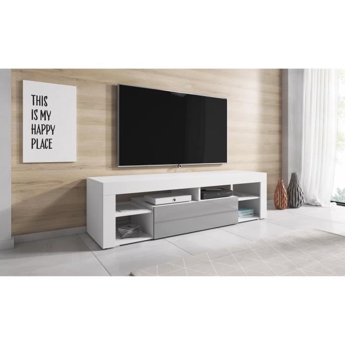 TV Meuble HI-FI Armoire Titan 140 cm Corps Blanc Mat / Avant Gris Brillant