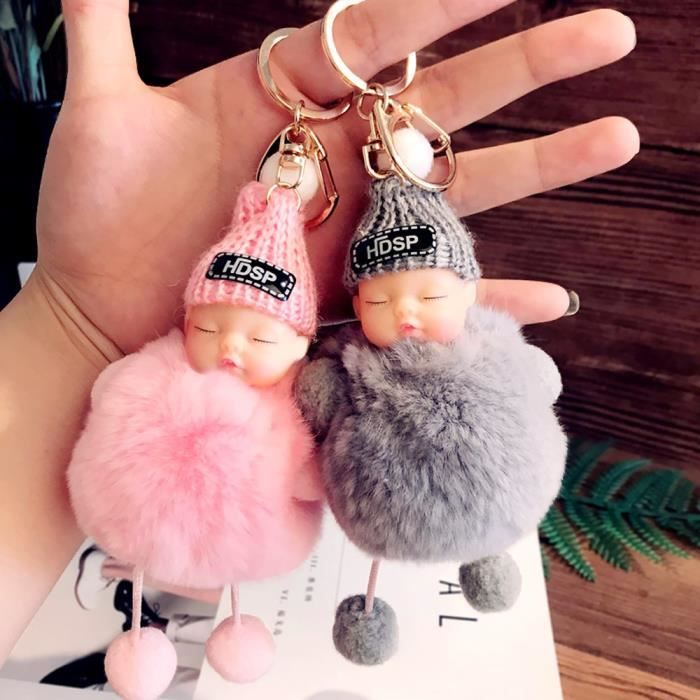 2 Pcs Porte-clés Pendentif Poupée Pompon Mignon Bébé Endormi Peluche Porte clé Accessoire Décoration Sac à Main Cartable