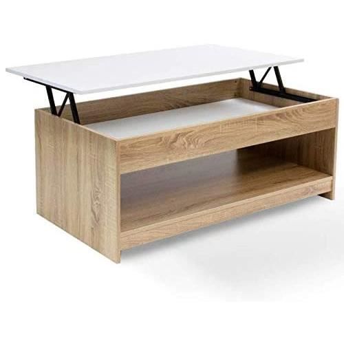 Table Basse Plateau relevable SOA Bois Imitation hêtre Plateau Blanc