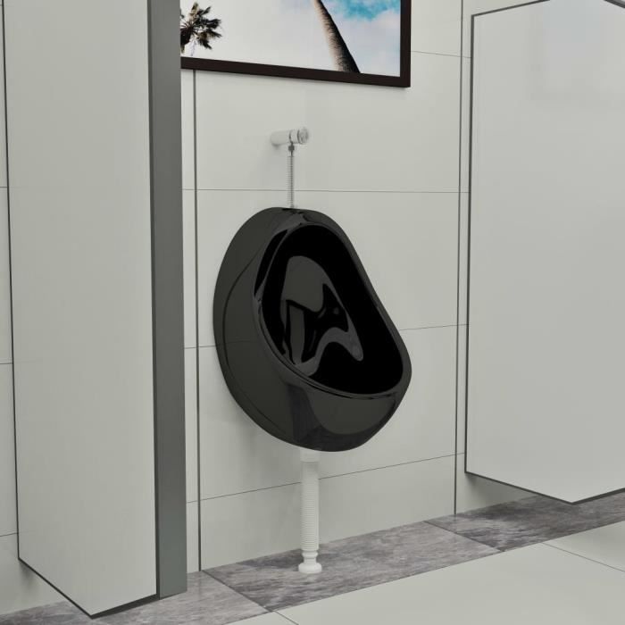 Urinoir suspendu Urinoir Mural Salle de Bains Toilette Adultes Hommes 36 x 32 x 48 cm- avec valve de chasse d'eau Céramique Noir