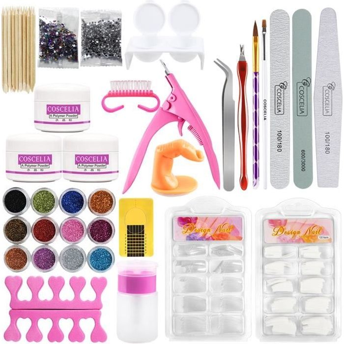 Coscelia Kit Manucure Poudre Acrylique pour Ongles Décoration Nail Art Tips Faux Ongles Paillettes Décor Poudre Limes Strass Set