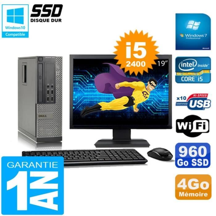 PC DELL 7010 SFF Core I5-2400 Ram 4Go Disque 960Go SSD Graveur Wifi W7 Ecran 19