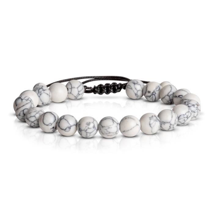 Bracelet Ajustable en Perles Howlite de 8 mm - Pierres Précieuses Naturelles - Taille de 17 à 25 cm - Pour Homme et Femme