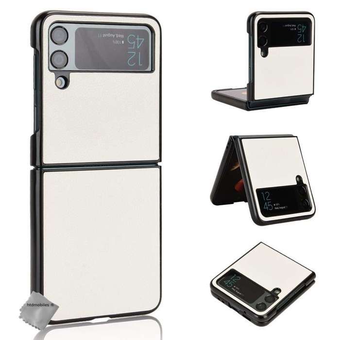 Coque rigide simili cuir avant et arrière pour Samsung Galaxy Z Flip 4 5G - BLANC