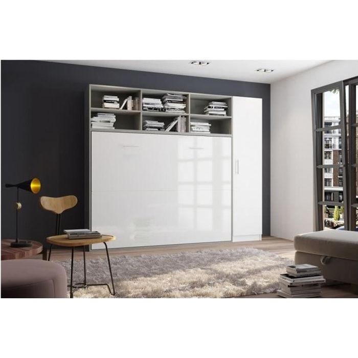 Composition armoire lit horizontale STRADA-V2 gris - blanc mat façade armoire-lit blanc brillant 1 colonne 140*200 cm bi color MDF