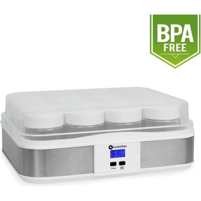 Klarstein Gaia - Yaourtière électrique 12 pots pour préparation de yaourts maison (volume total 2,5L, pots de 210mL, écran LCD) inox