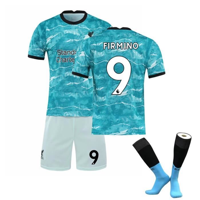Premier League Liverpool 20-21 NO.9 FIRMINO Jersey Maillots Foot et Shorts de Football+ Chaussettes Enfant-Bleu