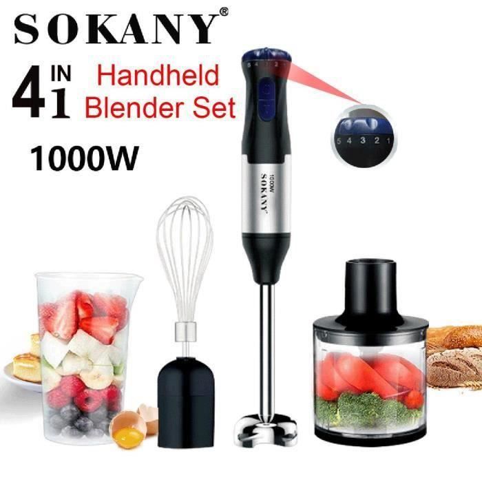 SOKANY Robot Mixeur Plongeant, professionnel 4en1,1000W, Acier inoxidable, Hachoir 500 ml, Electrique Fouet, Bol mesureur 700ml