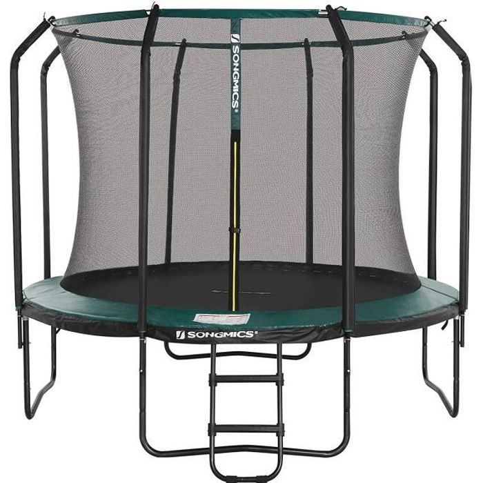 SONGMICS Trampoline Ø 305 cm, avec filet de sécurité intérieur, échelle, poteaux recouvert de mousse, Noir et Vert Foncé STR103C01