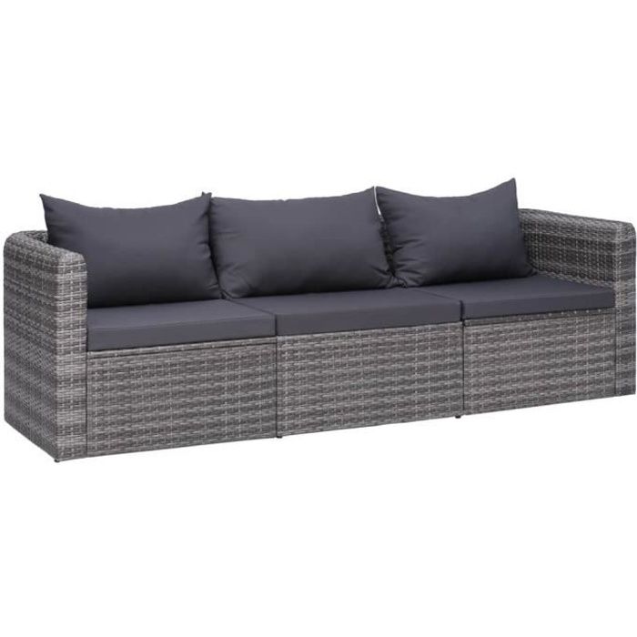 vidaXL Canapé de jardin 3 pcs avec coussins Gris Résine tressée