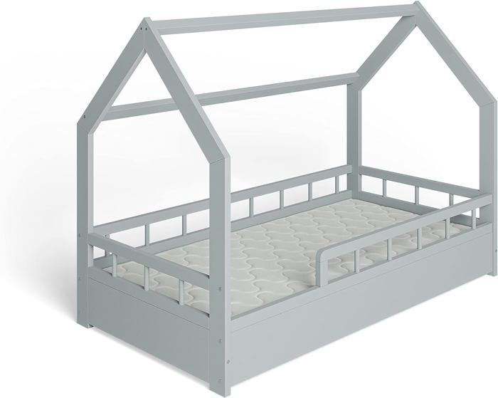 MS FACTORY Lit Enfant Bébé Maison avec un Matelas 80x160 cm - Lit en Massif Cabane - Style Scandinave - Gris Demi-barrières