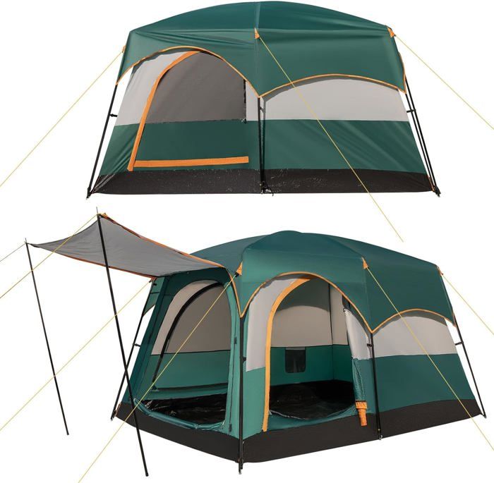 GOPLUS Tente de Camping pour 6 Personnes avec 2 Chambres Séparées Double Couche & Double Toit Bâche PE & Fenêtres en Filet Sac