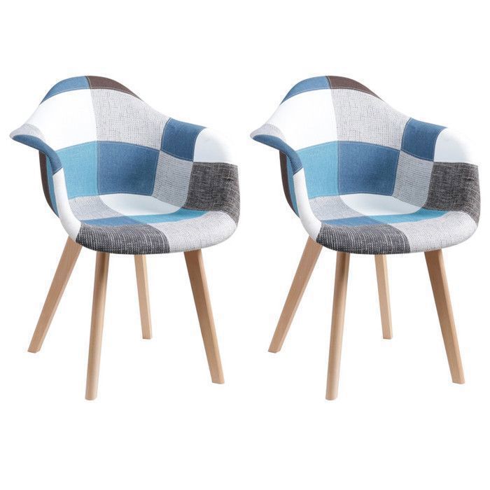 Fauteuils de salle à manger - DOWISDOLY - Lot de 2 - Chaise patchwork style milieu du siècle - Rembourrées(bleu)