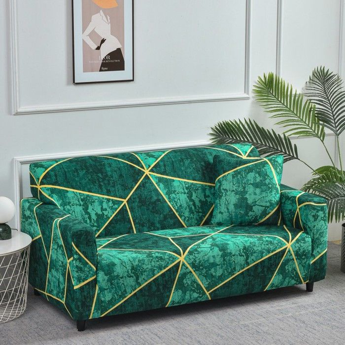 Housse de Canapé Extensible 2 Place Couverture Canapé avec Accoudoirs motif de marbre géométrique vert foncé[SFT36]
