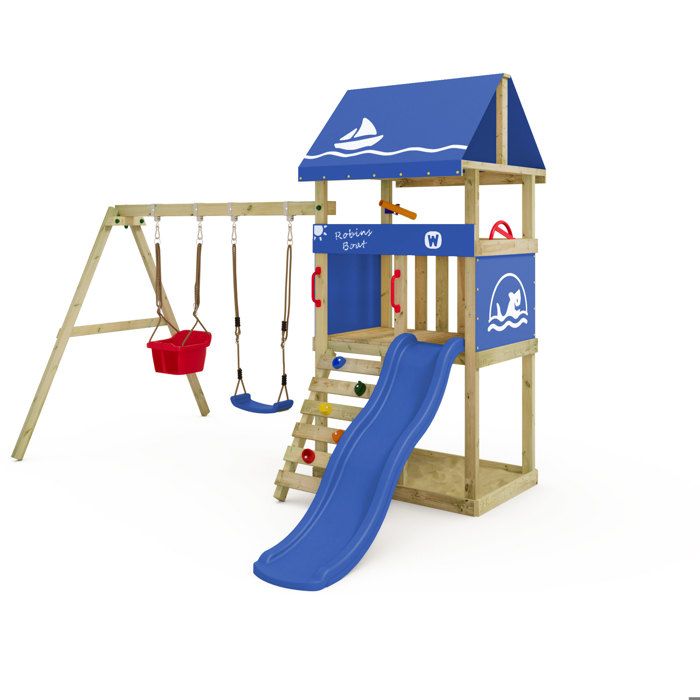 Aire de jeux WICKEY DinkyHouse – Toboggan 175 cm bleu et balançoire avec siège bébé – Un univers daventures pour les tout-petits
