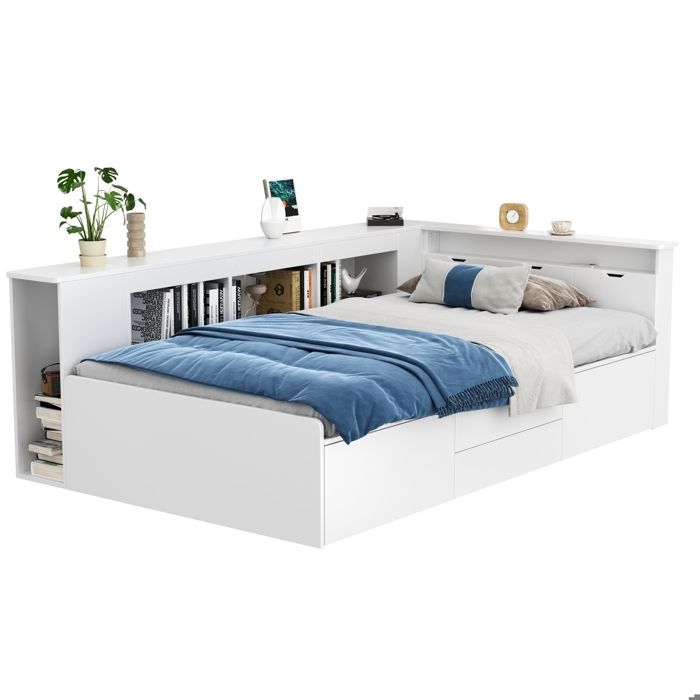 Lit avec Rangement 90x200 cm ,Lit Simple Enfant avec 2 Tiroirs et Niches de Rangement,Sans Matelas,Bois Massif et MDF,Blanc | Leroy Merlin
