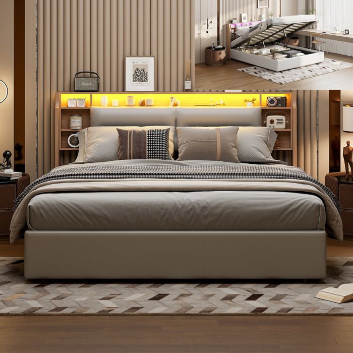 Lit Hydraulique 160x200 cm avec Sommier - Lit Coffre avec Rangement - Tête de Lit avec Étagères et LED - Lit 2 Personnes - PU Blanc