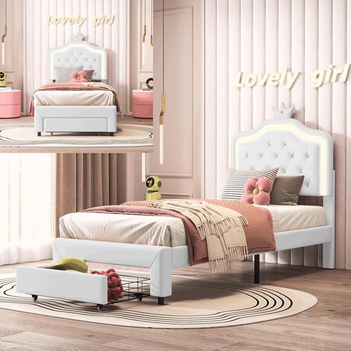 Lit enfant 90x200 - SUNFECILI - Lit princesse - Rembourré - Avec tiroir - LED réglable