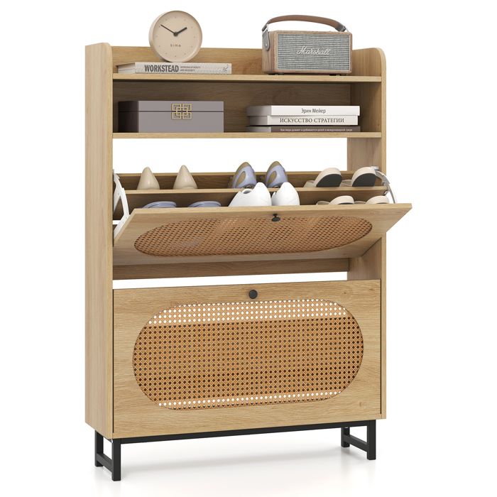 COSTWAY Meuble a Chaussure avec 2 Tiroirs Rabattables Portes en Rotin Pieds en Métal Rangement Ouvert pour Entrée Hall Salon COSTWAY Meuble a Chaussure avec 2 Tiroirs Rabattables Portes en Rotin Pieds en Métal Rangement Ouvert pour Entrée Hall Salon