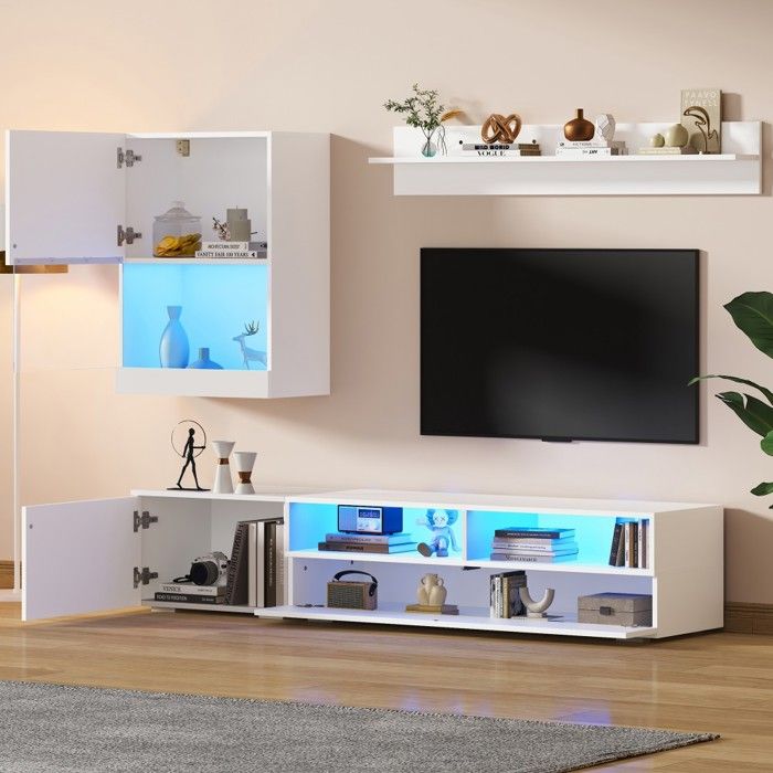 Ensemble 3 pièces meuble TV mural 175x39x34cm avec vitrine LED blanc brillant pour TV jusquà 80 Ensemble 3 pièces meuble TV mural 175x39x34cm avec vitrine LED blanc brillant pour TV jusquà 80