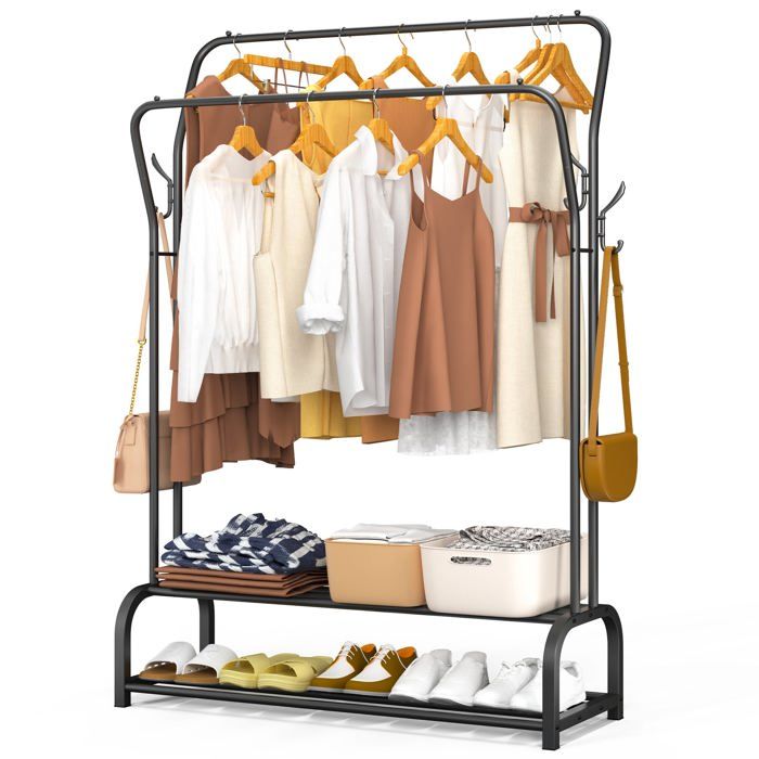 VOUNOT® Portant à Vêtements Double Tringle avec 2 Niveaux Étagères à Chaussures et 4 Crochets Latéraux - 110x35x146cm - Noir