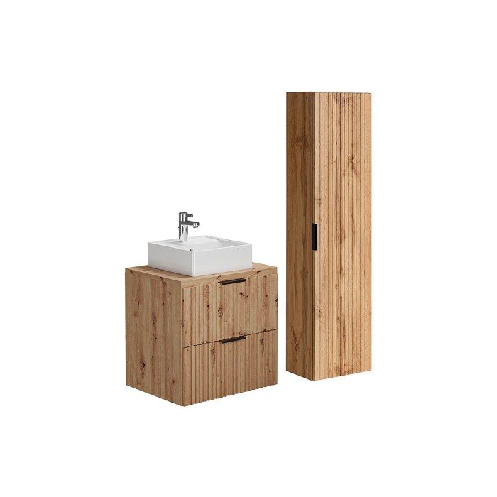 Meuble de salle de bain suspendu strié avec vasque à poser et colonne - Naturel clair - 60 cm - ZEVARA