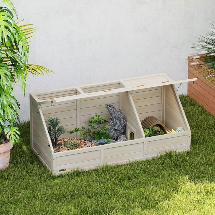 Maison enclos cage pour petit animal tortue en bois avec couvercle ouvrable loquets 2 espaces distincts bois naturel