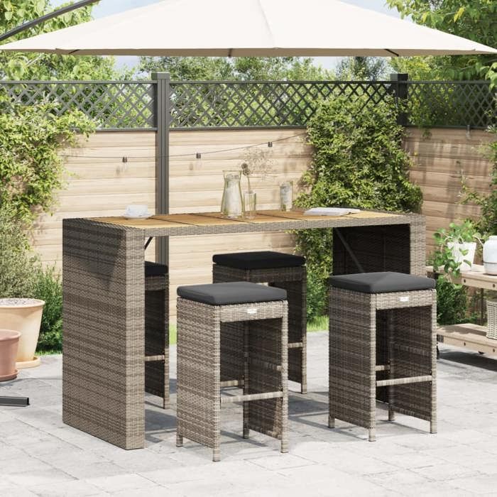 Tabourets de bar de jardin - vidaXL - Lot de 4 - Résine tressée - Gris - 40x40x76 cm - Coussins inclus