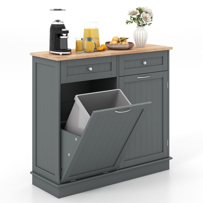 GIANTEX Buffet de Cuisine - Poubelle Dissimulée - 2 Tiroirs - Étagère Réglable - Plateau en Bois dHévéa - 100x35x90 5cm - Gris