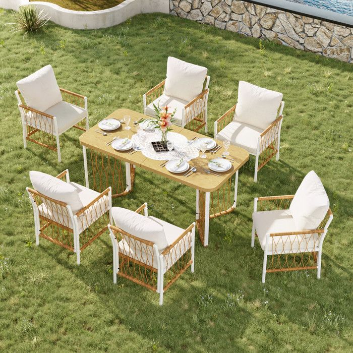 Ensemble de meubles de jardin en rotin - Cadre en fer blanc - Table 1595x775x75 cm - 6 chaises 55x65x87 cm