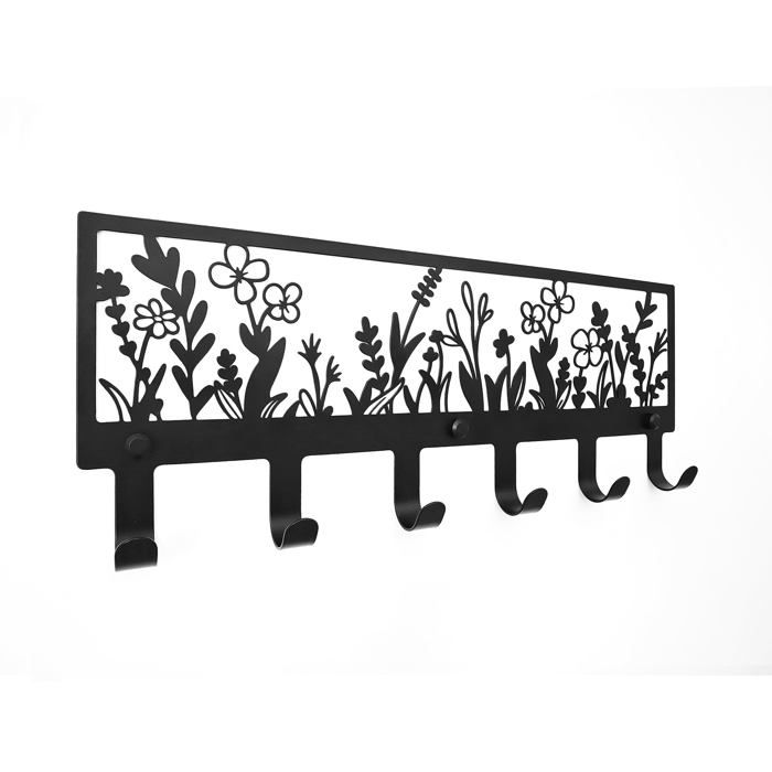 Porte-manteau mural à motif floral avec 6 crochets cintre décoratif en métal noir (15 55 x 5 98 x 1 22 pouces).