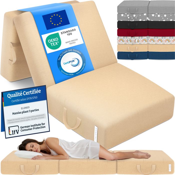 ELONEO Matelas Pliant 3 Parties Mousse Épaisse 15 cm Lavable Pour Adulte 75x195x15 cm beige