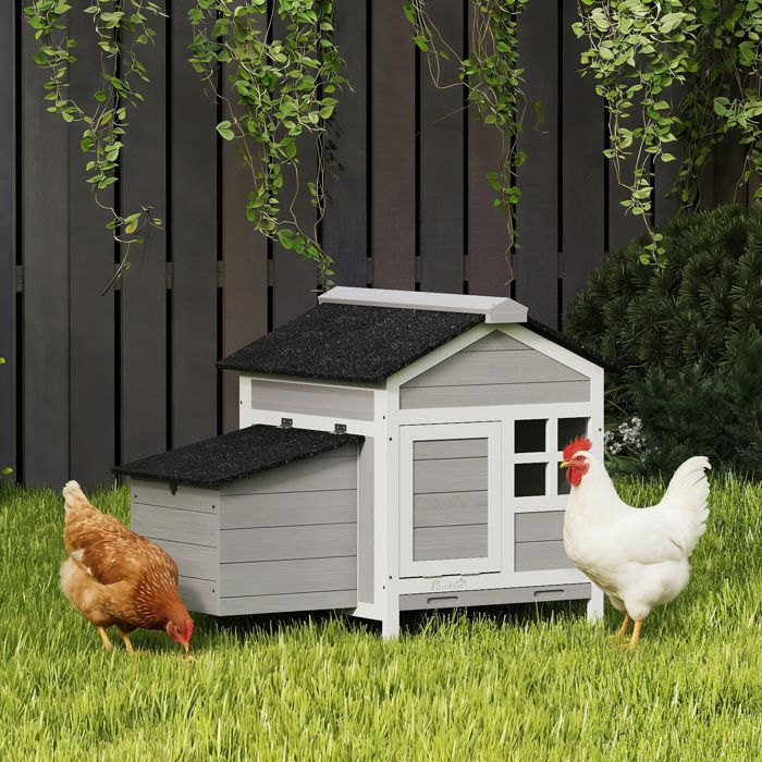 Comparer les prix de Poulailler en bois toit en asphalte et pondoir abri pour 4 poules avec fenêtre en acrylique 92 x 64 x 69 cm gris