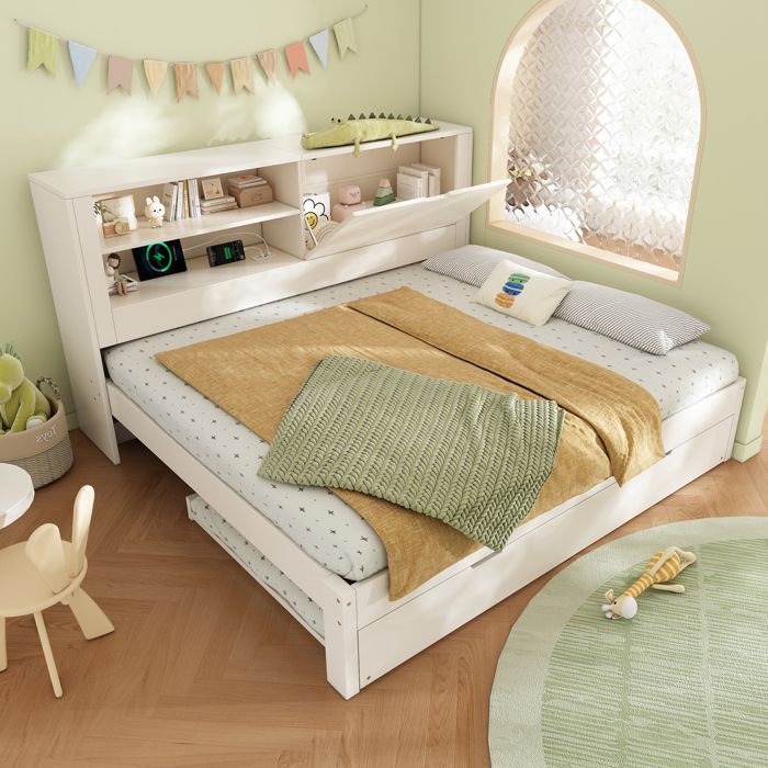Lit banquette 140 x 190 cm blanc avec lit gigogne rangements tête de lit et ports USB